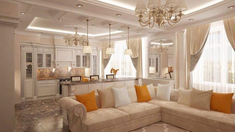 Интерьер в гостиной студии, совмещенной с кухней